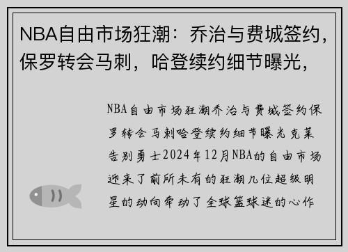 NBA自由市场狂潮：乔治与费城签约，保罗转会马刺，哈登续约细节曝光，克莱告别勇士