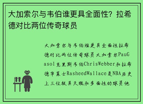 大加索尔与韦伯谁更具全面性？拉希德对比两位传奇球员