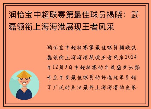 润怡宝中超联赛第最佳球员揭晓：武磊领衔上海海港展现王者风采
