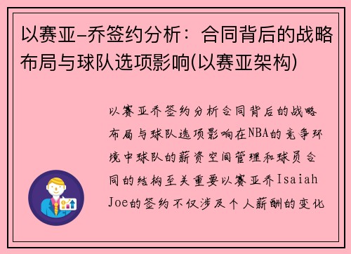 以赛亚-乔签约分析：合同背后的战略布局与球队选项影响(以赛亚架构)