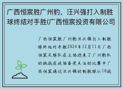 广西恒宸胜广州豹，汪兴强打入制胜球终结对手胜(广西恒宸投资有限公司开发楼盘)