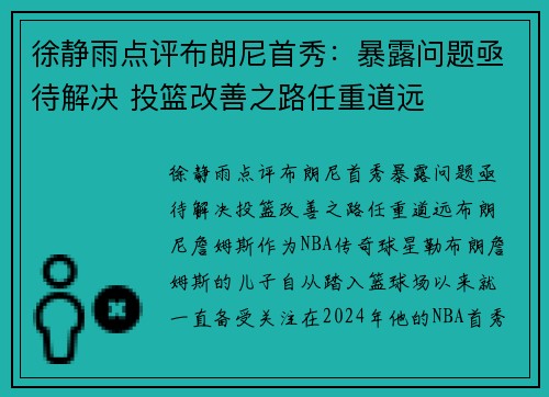 徐静雨点评布朗尼首秀：暴露问题亟待解决 投篮改善之路任重道远